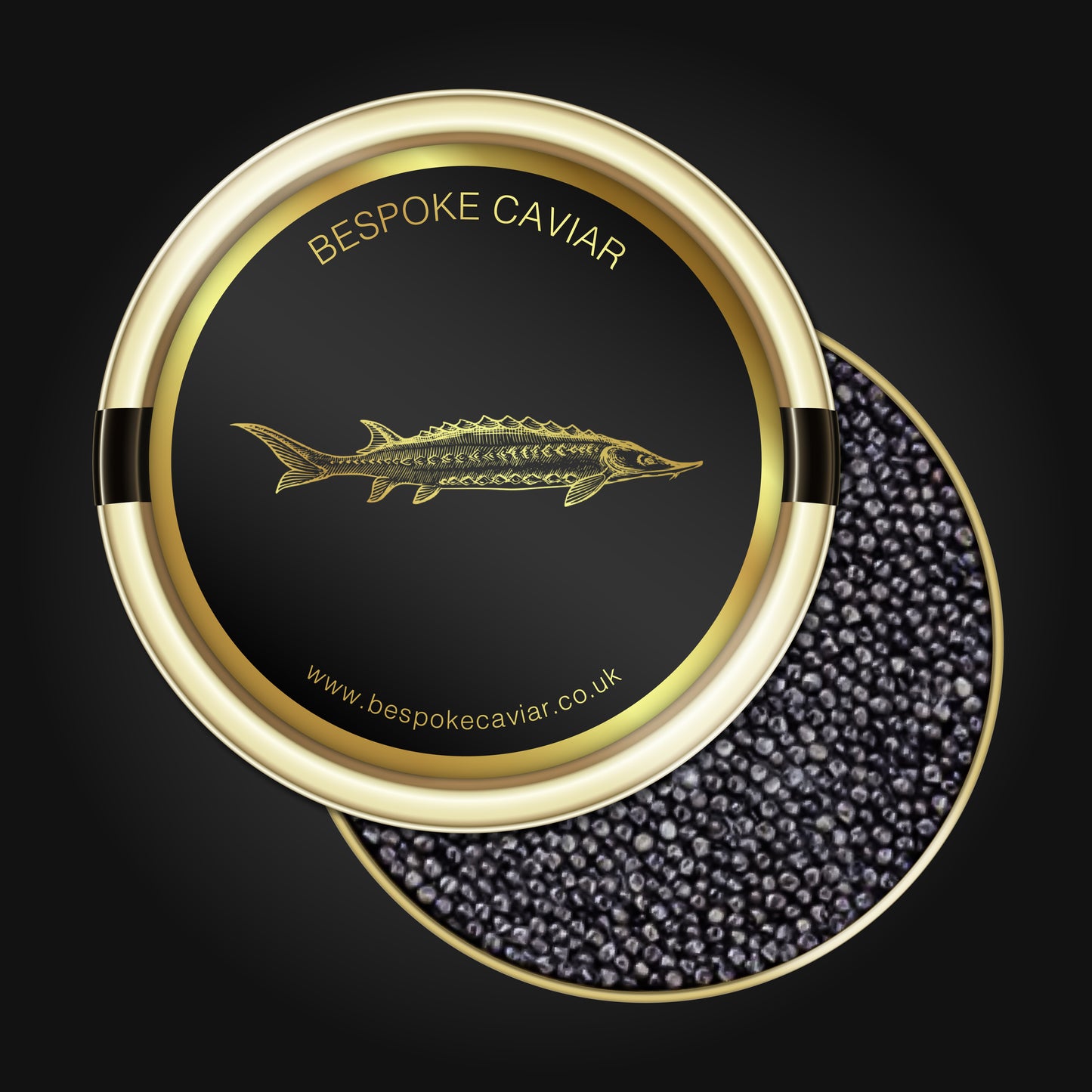 Small black caviar in gold tin with classic bespoke caviar label
